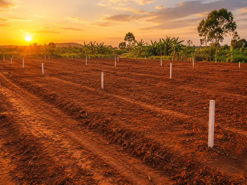 Freshly surveyed plots marked with white boundary pegs in red Ugandan soil at sunset